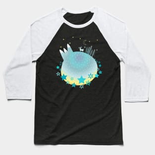 "Home Planet" in turquoise, yellow, and white with a ring of teal stars - a whimsical world Baseball T-Shirt